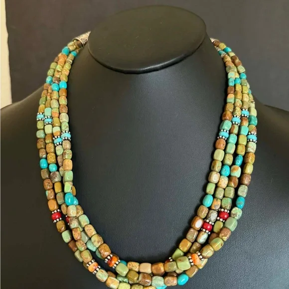 Sterling silver sourhwestern blue green turquoise multistrand necklace 24 inch